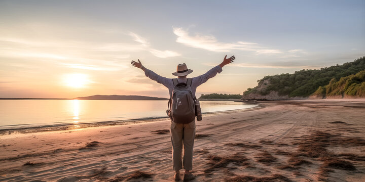 He stands tall, beaming with joy, wearing a hat and backpack and raising his arms in celebration.