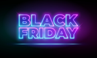 Black Friday Sale neon banner. Design signboard for blackfriday sale on black bacground. Glowing pink and blue neon letters in frame. Flying letters realistic vector illustration