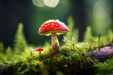 Fly agaric mushroom on green moss