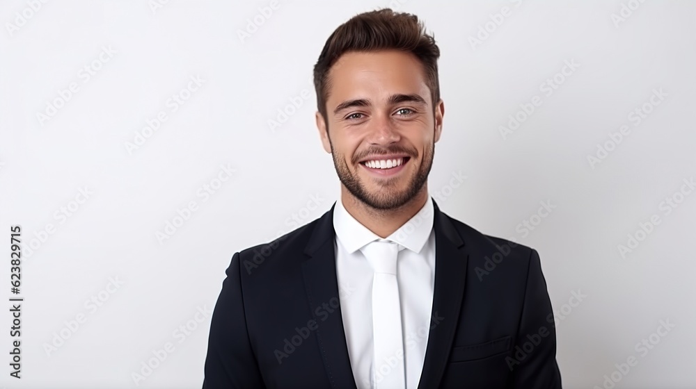 Poster Portrait of happy middle aged businessman. Isolated on white