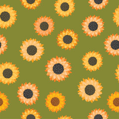 Vector pattern with sunflowers. Bright summer flowers on a green background. Seamless pattern for your summer projects. 