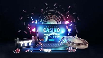 Casino poster with laptop, slot machine, neon playing cards, roulette, dice and poker chips on dark background