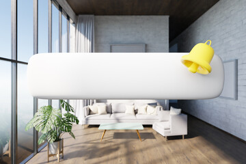 search box with text floating in air in luxurious loft apartment with window; minimalistic interior living room design; 3D Illustration