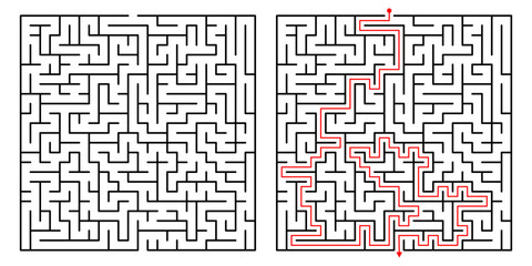 Vector Square Maze. Labyrinth with Included Solution in Black  Red. Funny  Educational Mind Game for Coordination, Problems Solving, Decision Making Skills Test.