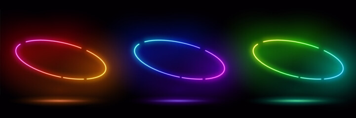 3d render, blue neon round frame, circle, ring shape, empty space, ultraviolet light, 80's retro style, fashion show stage, abstract background, illuminate frame design. Abstract cosmic vibrant circle