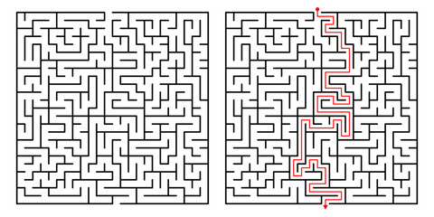 Vector Square Maze. Labyrinth with Included Solution in Black  Red. Funny  Educational Mind Game for Coordination, Problems Solving, Decision Making Skills Test.