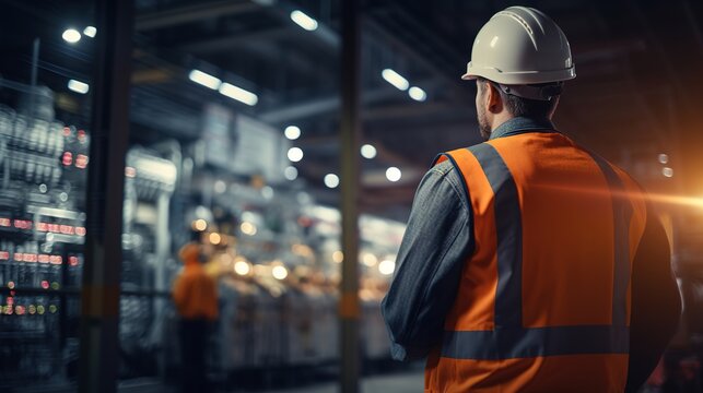 Industrial Oversight: A solitary construction worker stands in a well-lit industrial facility, donning a bright orange vest and a white hardhat, his watchful gaze toward the bustling machinery.