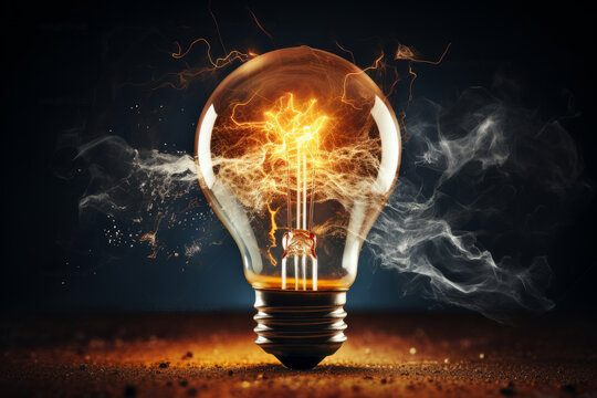 Burning incandescent light bulb on grunge background with smoke