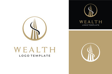 Abstract Tower Building with Dollar $ for Wealth Investment Property logo design