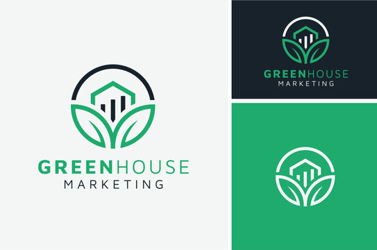 Fresh Leaf House Garden Plant with Statistic Marketing Financial Chart Bar Diagram for Real Estate Property Home Investment logo design