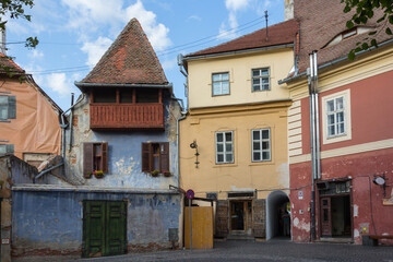 Beautiful historic houses on the streets of the Old Town in Sibiu. Transylvania. Romania
