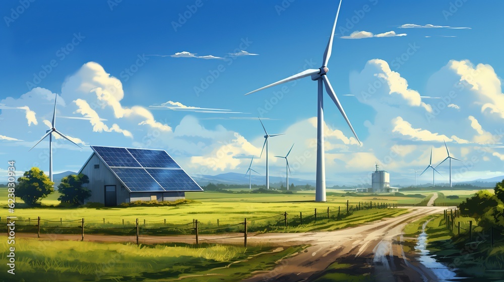 Canvas Prints wind turbine and solar panels, with generative ai