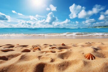 Beautiful sandy beach with seashells and blue sky on background