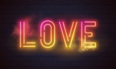 Neon love. Bright night neon signboard on brick wall background with backlight. Retro glow neon love word. Romantic design for Happy Valentines Day. Night light advertising.Concept:valentine's day, an