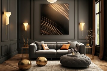 Interior of modern living room with black walls, wooden floor, gray sofa with cushions and coffee table with gold decor. Picture frame. 3d rendering