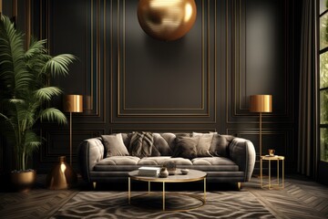 Interior of modern living room with black walls, wooden floor, comfortable brown sofa and gold lamp. 3d rendering