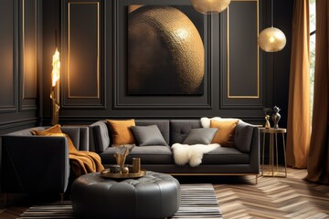 Interior of modern living room with black walls, wooden floor, comfortable brown sofa and round coffee table. 3d render