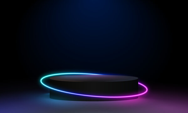 Abstract cosmic vibrant color podium backdrop. Glowing neon lighting on dark background with copy space. Top view futuristic style. Neon podium with gradient neon frames