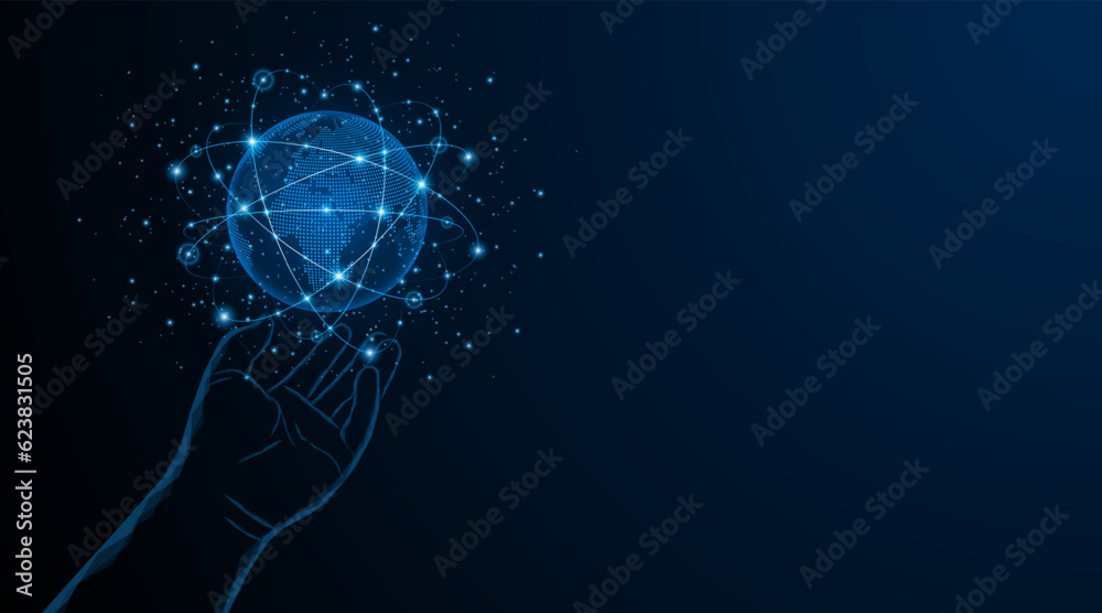 Poster abstract hand holding the world. global connection network. world map. internet technology concept o
