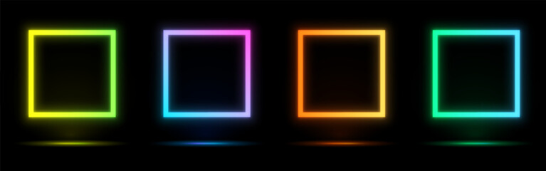 Neon square of blue, red-purple, green illuminate frame design. Abstract cosmic vibrant color square backdrop. Collection of glowing neon lighting on dark background with copy space.Futuristic style. 
