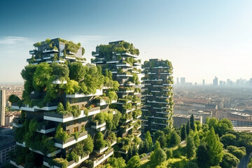 Modern and ecological skyscrapers with sustainable design principles. Generative AI