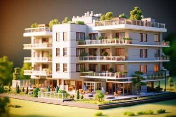 Modern residential building in a green setting, offering a balance between urban living and nature. Generative AI