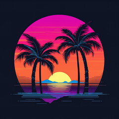 vector classic retro 80s style tropical sunset with palm tree