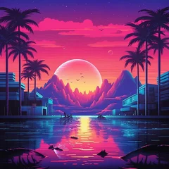 Poster Im Rahmen Photo synthwave sunset landscape with palm trees retro wave illustration © Maqsudxon