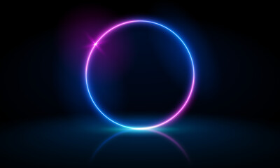 Vector 3d render, blue neon round frame, circle, ring shape, empty space, ultraviolet light, 80's retro style, fashion show stage, abstract background, illuminate frame design. Abstract cosmic vibrant