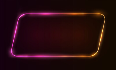 Vector square glowing in the dark, pink blue neon light, illuminate abstract cosmic vibrant color backdrop. Glowing neon light frame with rounded corners. Neon rectangle, neon lights horizontal sign, 