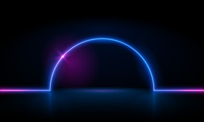 Vector 3d render, blue neon round frame, circle, ring shape, empty space, ultraviolet light, 80's retro style, fashion show stage, abstract background, illuminate frame design. Abstract cosmic vibrant