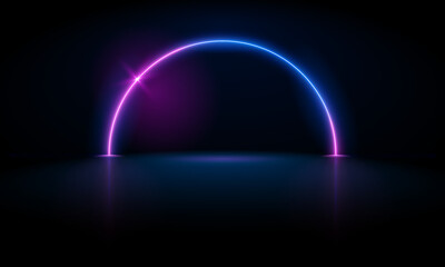 Vector 3d render, blue neon round frame, circle, ring shape, empty space, ultraviolet light, 80's retro style, fashion show stage, abstract background, illuminate frame design. Abstract cosmic vibrant