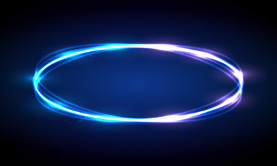 Glow neon circle. Blue glowing ring on floor. Abstract hi-tech background for display product. Vector template. Portal frame, futuristic concept