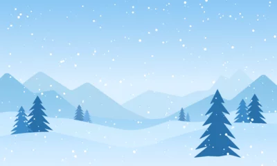 Schilderijen op glas Winter landscape with snowdrifts and snowy fir trees. Vector 3d illustration. Seasonal nature background. Frosty snow hills. Game art concept. Vector illustration: Cartoon Winter snowy Mountains lands © Lidia