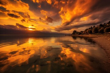 Fototapeta na wymiar Golden clouds reflect in the water as a bright sunset paints the sky over Lake Geneva, creating a breathtaking and serene scene. Generative AI