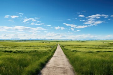 Fototapeta na wymiar Road through the grassland with blue sky and white clouds background.