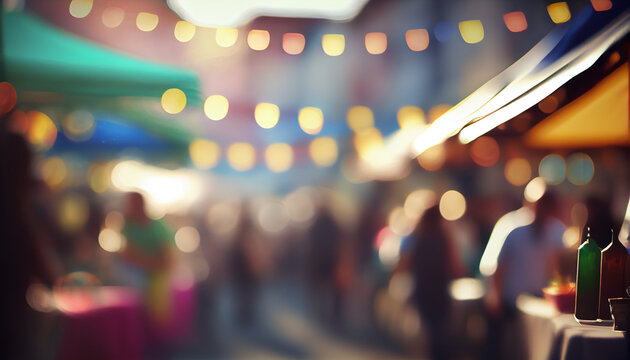 Abstract street fair blurred background, outdoor backdrop with copy space Ai generated image