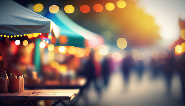 Abstract street fair blurred background, outdoor backdrop with copy space Ai generated image