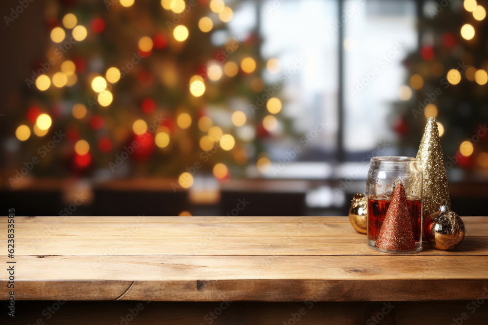 Wall mural empty wooden table in front of christmas tree. space for text