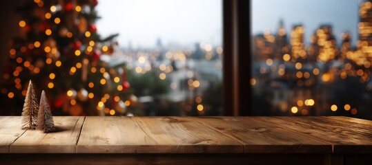 Empty wooden table with christmas tree and lights bokeh background