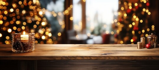 Fototapeta na wymiar Wooden table in front of blurred Christmas lights background, space for text