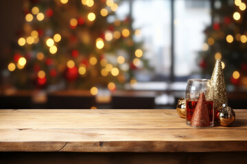Empty wooden table in front of christmas tree. Space for text - Powered by Adobe