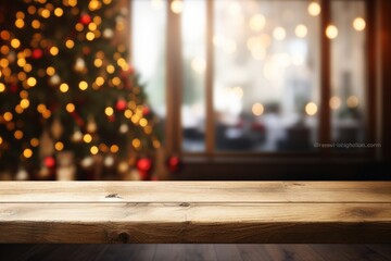 Wooden table in front of blurred christmas background with bokeh lights