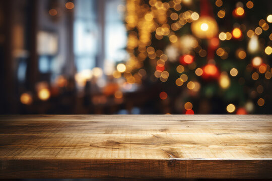 Empty wooden table for product display montages. Christmas and New Year background