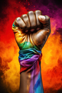 Close up of human fist with rainbow scarf over colorful smoke background.