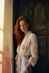 Fototapeta premium portrait of a woman/model/book character in small street in summer with sunlight/shadows in a fashion/beauty editorial magazine style film photography look - generative ai art