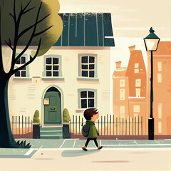 The boy is walking down the street in the background of the house and nature. AI Generated
