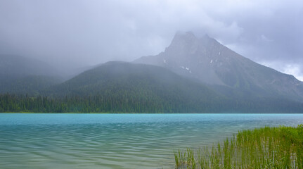 Clouds and rain over Emerald Lake located in Yoho National Park, Canada.