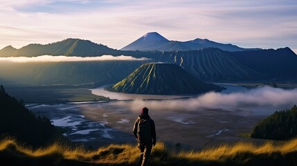 a man standing looking at bromo mountain, indonesia.