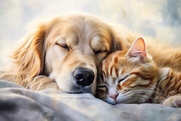 Sleeping dog and cat on bed sleeping together. Generative AI